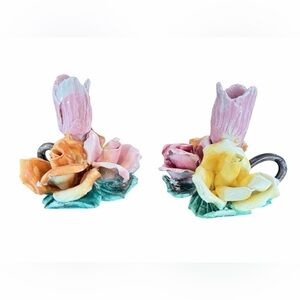 NIB - Vintage Handmade Italian Capodimonte Ceramic Rose Candlesticks